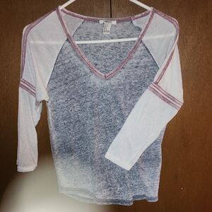 Forever 21 Long Sleeve V-Neck Top - White and Purple
